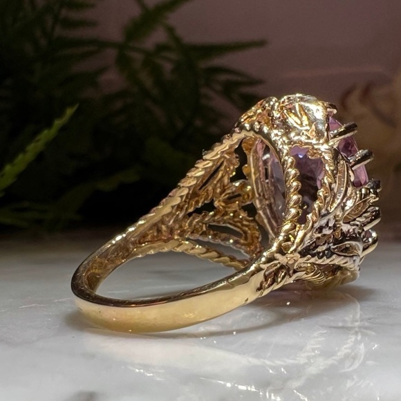 Vintage Estate Giant Amethyst Ring Solid 14k Gold caged prongs Filigree Ring - Picture 14 of 17